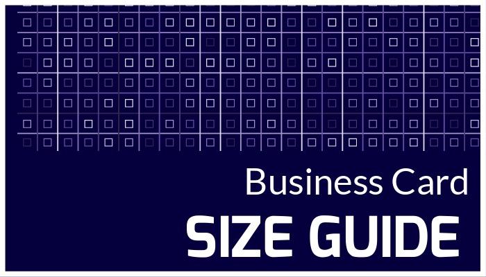 The grid pattern on the dark blue background and 'Business card size guide' as a title - The best recommendations for choosing the size of your new business card - Image