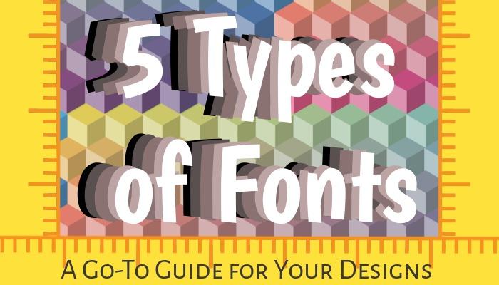 Stylized text: '5 Types of Fonts' with a cubic geometric pattern in the background - The complete guide to fonts: 5 essential types of fonts in typography - Image